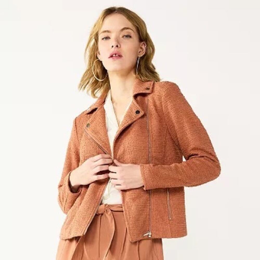 Nine West (XS) Terracotta Boucle Tweed Moto Jacket Biker Blazer Fall